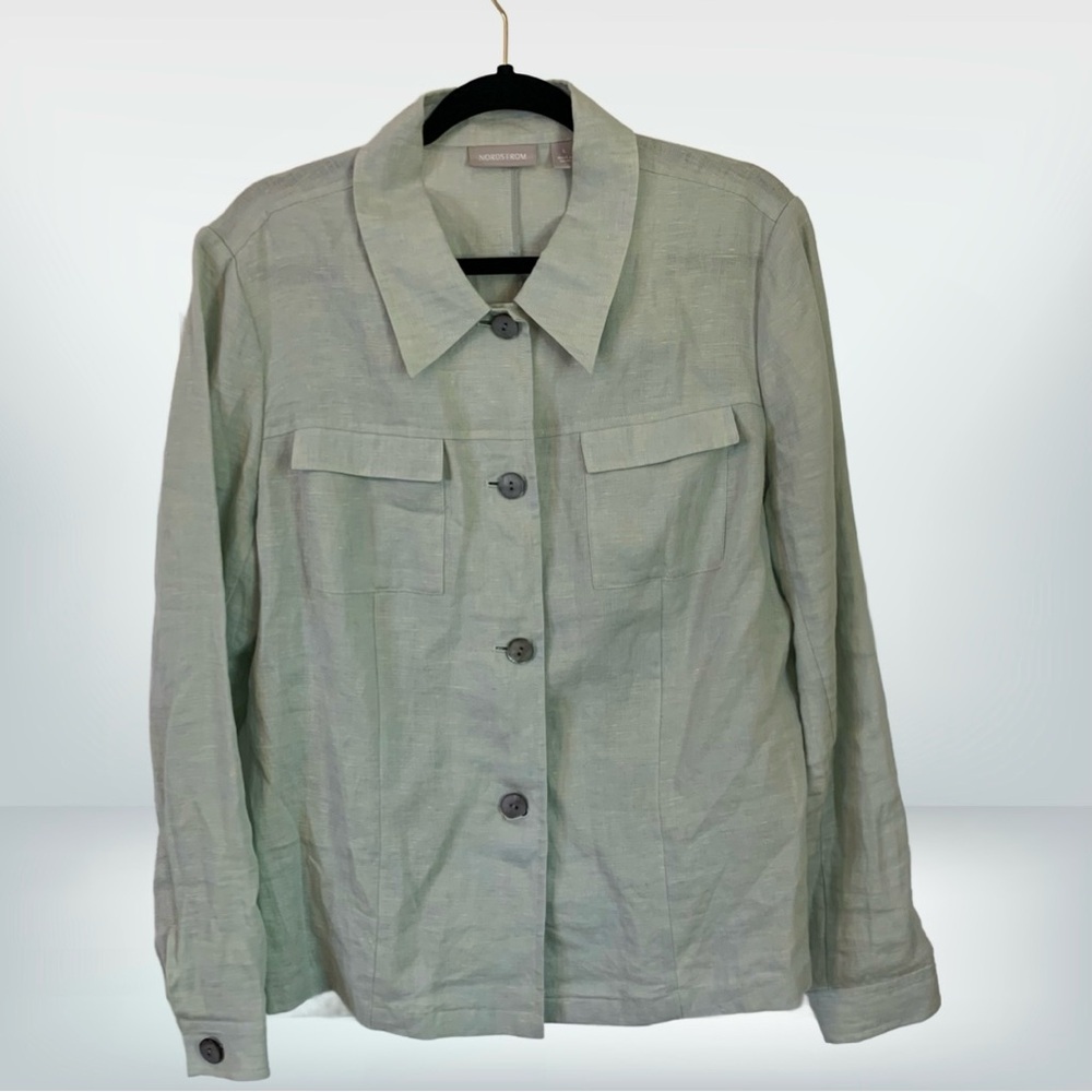 Nordstrom Long Sleeve Light Green Linen Button Down Blouse, size L